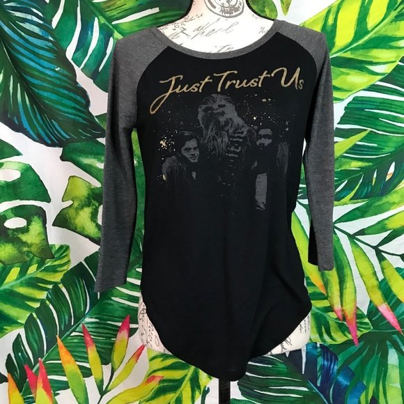 Euc $24 Star Wars Juniors Small Black Grey 3/4 Sleeve Chewie Graphic T Shirt - Picture 5 of 6